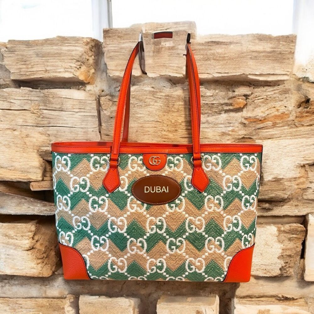 Gucci x Dubai Exclusive GG Raffia Tote Bag – NWT – Orange Leather Trim - Picture 2 of 13